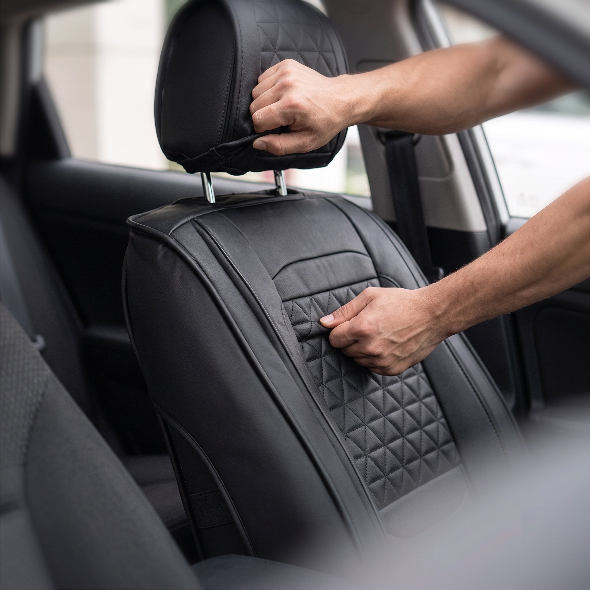 Installing NobleSeats seat cover by hand over the headrest